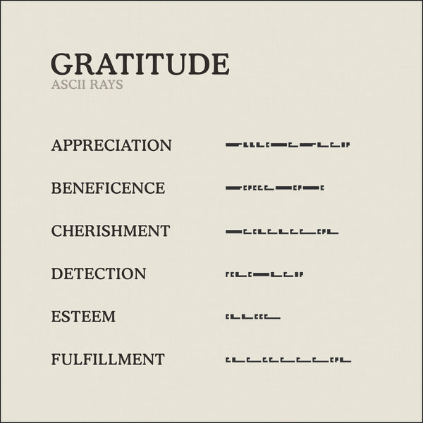 Translation Card for Code of Gratitude necklace from English to ASCII Rays Code by Caps Brothers