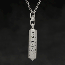 Load image into Gallery viewer, Rotating view of Code of Friendship hexagonal sterling silver pendant and chain with endless loop necklace featuring Inverted Braille by Caps Brothers