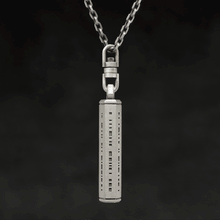 Load image into Gallery viewer, Rotating view of Code of Integrity hexagonal sterling silver pendant and chain with endless loop necklace featuring Truncated Barcode by Caps Brothers