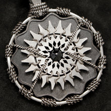 Load image into Gallery viewer, Detail view of Sterling Silver and 18K Palladium White Gold Accents and Black Sapphire Sewn Silver Metal Majesty pendant featuring 20 pointed gear by Caps Brothers