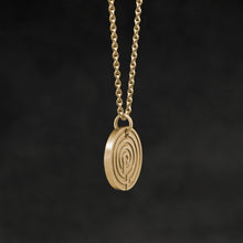 Load image into Gallery viewer, Side view of 18K Yellow Gold Journey pendant and chain necklace featuring labyrinth as inward journey by Caps Brothers