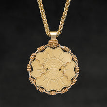 Load image into Gallery viewer, Hanging reverse view of 18K Yellow Gold and 18K Palladium White Gold Sewn Gold Metal Majesty pendant and chain with endless loop necklace featuring Electromagnetic Field by Caps Brothers