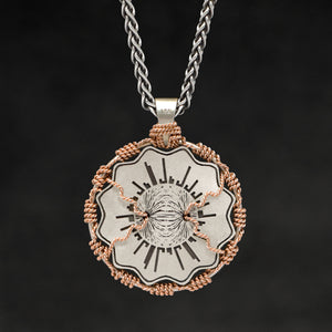 Hanging reverse view of 18K Rose Gold and 18K Palladium White Gold and Sterling Silver Sewn Gold Metal Majesty pendant and chain with endless loop necklace featuring Electromagnetic Field by Caps Brothers