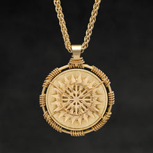 Load image into Gallery viewer, Hanging front view of 18K Yellow Gold Sewn Gold Metal Sun pendant and chain with endless loop necklace featuring 20 pointed gear by Caps Brothers