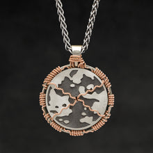 Load image into Gallery viewer, Hanging reverse view of 18K Rose Gold and 18K Palladium White Gold and Sterling Silver Sewn Silver Metal Sun pendant and chain with endless loop necklace featuring Map of Humanity by Caps Brothers