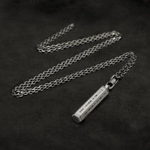 Load image into Gallery viewer, Laying down Code of Integrity hexagonal sterling silver pendant and chain with endless loop necklace featuring Truncated Barcode by Caps Brothers