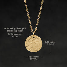 Load image into Gallery viewer, Weights and measures and schematic drawing of 18K Yellow Gold Journey pendant and chain necklace featuring the Map of Humanity as outward journey by Caps Brothers
