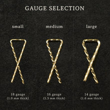 Load image into Gallery viewer, Gauge selection for 18K Yellow Gold Sibling Ribbons Twisted Earrings representing we are all brothers and sisters by Caps Brothers