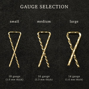 Gauge selection for 18K Yellow Gold Sibling Ribbons Twisted Earrings representing we are all brothers and sisters by Caps Brothers
