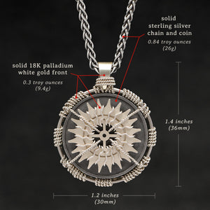 Weights and measures and schematic drawing of 18K Palladium White Gold and Sterling Silver Sewn Gold Metal Compass pendant and chain with endless loop necklace featuring 20 pointed gear by Caps Brothers