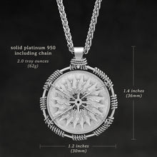 Load image into Gallery viewer, Weights and measures and schematic drawing of Platinum 950 Sewn Platinum Metal Compass pendant and chain with endless loop necklace featuring 20 pointed gear by Caps Brothers