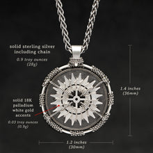 Load image into Gallery viewer, Weights and measures and schematic drawing of Sterling Silver and 18K Palladium White Gold Accents Sewn Silver Metal Compass pendant and chain with endless loop necklace featuring 20 pointed gear by Caps Brothers
