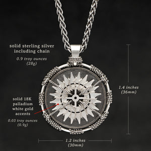 Weights and measures and schematic drawing of Sterling Silver and 18K Palladium White Gold Accents Sewn Silver Metal Compass pendant and chain with endless loop necklace featuring 20 pointed gear by Caps Brothers