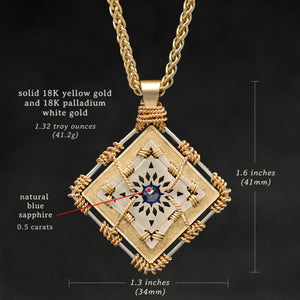 Weights and measures and schematic drawing of 18K Yellow Gold and 18K Palladium White Gold and Sapphire Sewn Gold Metal Confidence pendant and chain with endless loop necklace featuring 4 pointed gear by Caps Brothers