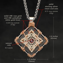Load image into Gallery viewer, Weights and measures and schematic drawing of 18K Rose Gold and 18K Palladium White Gold and Sterling Silver and Ruby Sewn Gold Metal Confidence pendant and chain with endless loop necklace featuring 4 pointed gear by Caps Brothers