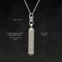 Load image into Gallery viewer, Weights and measures and schematic drawing of Code of Gratitude hexagonal sterling silver pendant and chain with endless loop necklace featuring ASCII Rays Code by Caps Brothers