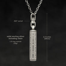 Load image into Gallery viewer, Weights and measures and schematic drawing of Code of Integrity hexagonal sterling silver pendant and chain with endless loop necklace featuring Truncated Barcode by Caps Brothers