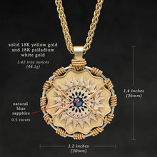 Load image into Gallery viewer, Weights and measures and schematic drawing of 18K Yellow Gold and 18K Palladium White Gold and Sapphire Sewn Gold Metal Majesty pendant and chain with endless loop necklace featuring 20 pointed gear by Caps Brothers