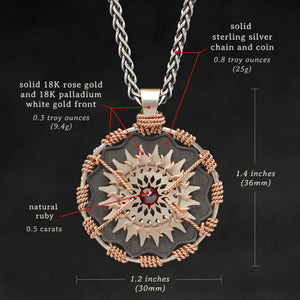 Weights and measures and schematic drawing of 18K Rose Gold and 18K Palladium White Gold and Sterling Silver and Ruby Sewn Gold Metal Majesty pendant and chain with endless loop necklace featuring 20 pointed gear by Caps Brothers