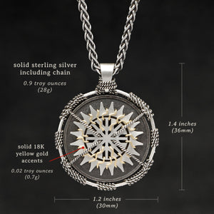 Weights and measures and schematic drawing of Sterling Silver and 18K Yellow Gold Accents Sewn Silver Metal Sun pendant and chain with endless loop necklace featuring 20 pointed gear by Caps Brothers
