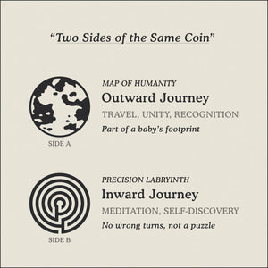 Translation Card for Journey necklace featuring the Map of Humanity as outward journey and labyrinth as inward journey by Caps Brothers