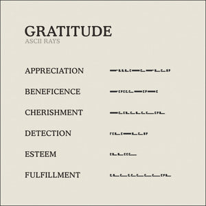 Translation Card for Code of Gratitude necklace from English to ASCII Rays Code by Caps Brothers