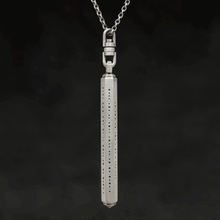 Load image into Gallery viewer, Rotating view of Code of Consciousness hexagonal sterling silver pendant and chain with endless loop necklace featuring Dashless Morse Code by Caps Brothers