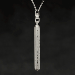 Rotating view of Code of Consciousness hexagonal sterling silver pendant and chain with endless loop necklace featuring Dashless Morse Code by Caps Brothers