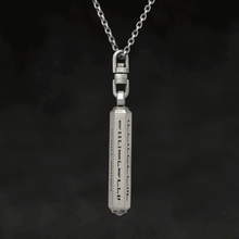 Load image into Gallery viewer, Rotating view of Code of Gratitude hexagonal sterling silver pendant and chain with endless loop necklace featuring ASCII Rays Code by Caps Brothers