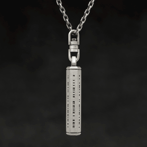 Rotating view of Code of Integrity hexagonal sterling silver pendant and chain with endless loop necklace featuring Truncated Barcode by Caps Brothers