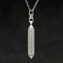 Load image into Gallery viewer, Rotating view of Code of Power hexagonal sterling silver pendant and chain with endless loop necklace featuring Abbreviated Roman Letter Numerals Code by Caps Brothers