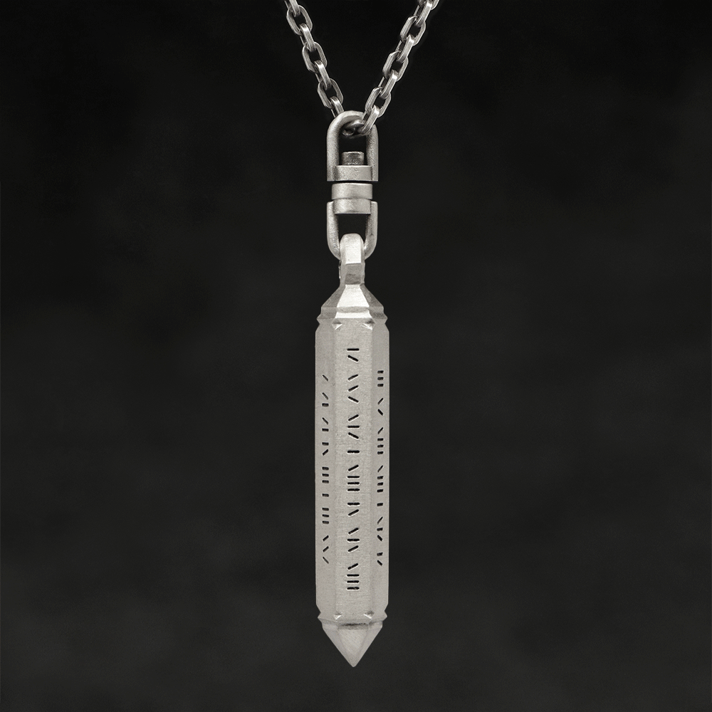 Rotating view of Code of Power hexagonal sterling silver pendant and chain with endless loop necklace featuring Abbreviated Roman Letter Numerals Code by Caps Brothers