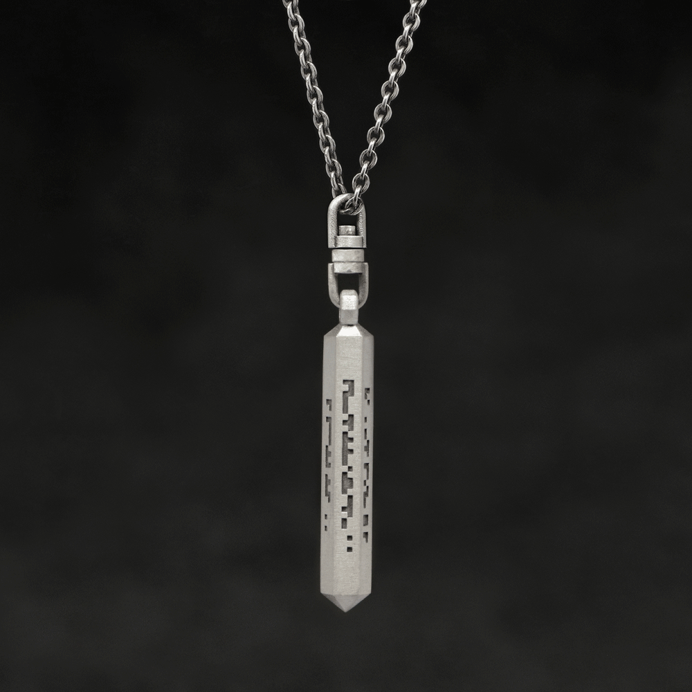 Rotating view of Code of Wisdom hexagonal sterling silver pendant and chain with endless loop necklace featuring Binary Code by Caps Brothers