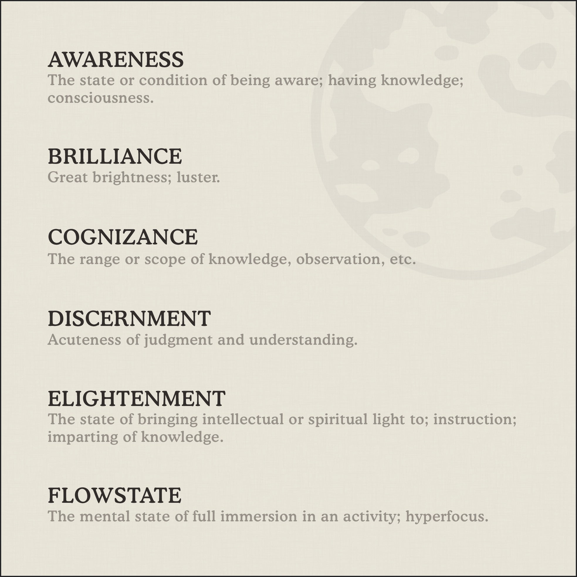 Definition Card for Inscribed Synonyms on Code of Consciousness necklace by Caps Brothers