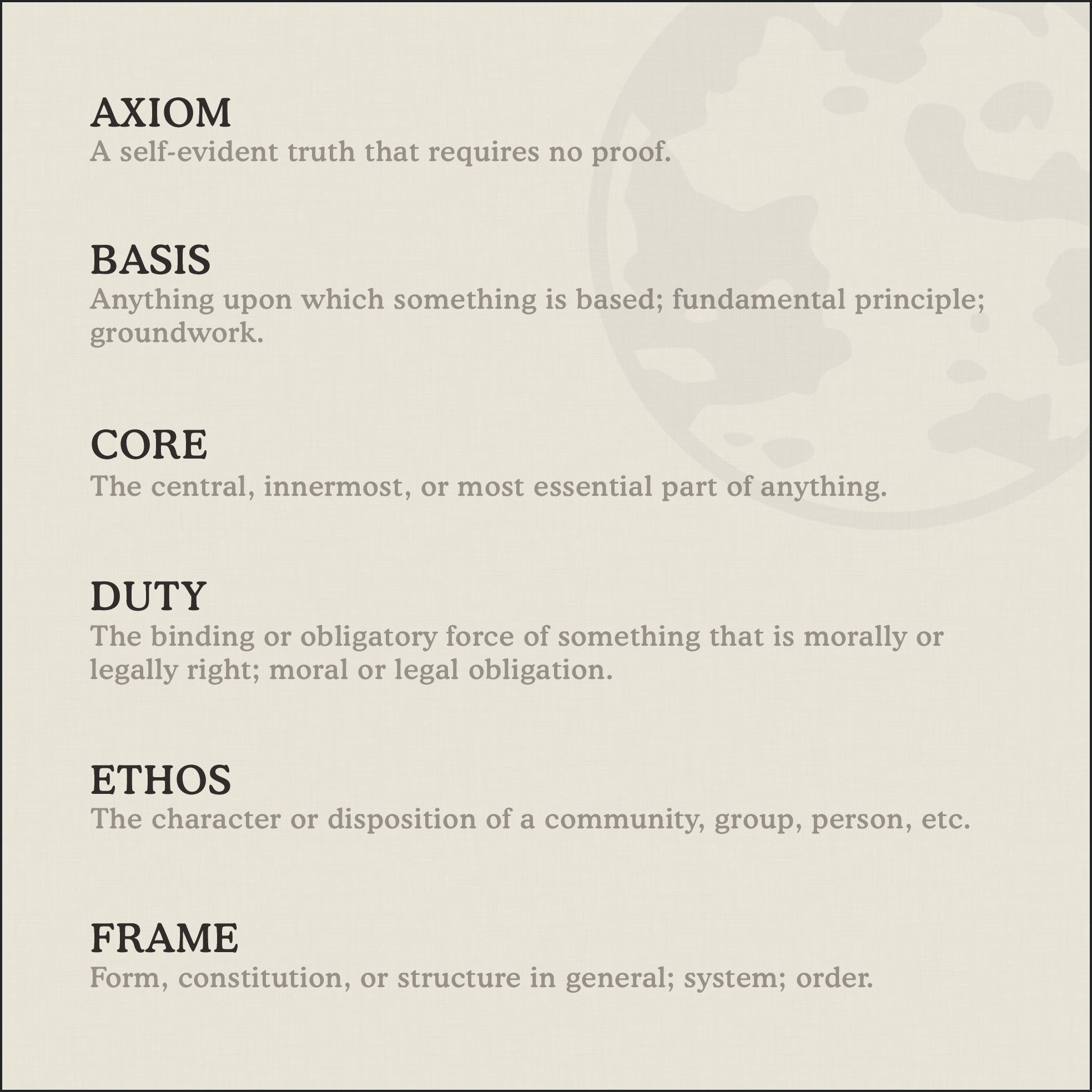 Definition Card for Inscribed Synonyms on Code of Integrity necklace by Caps Brothers