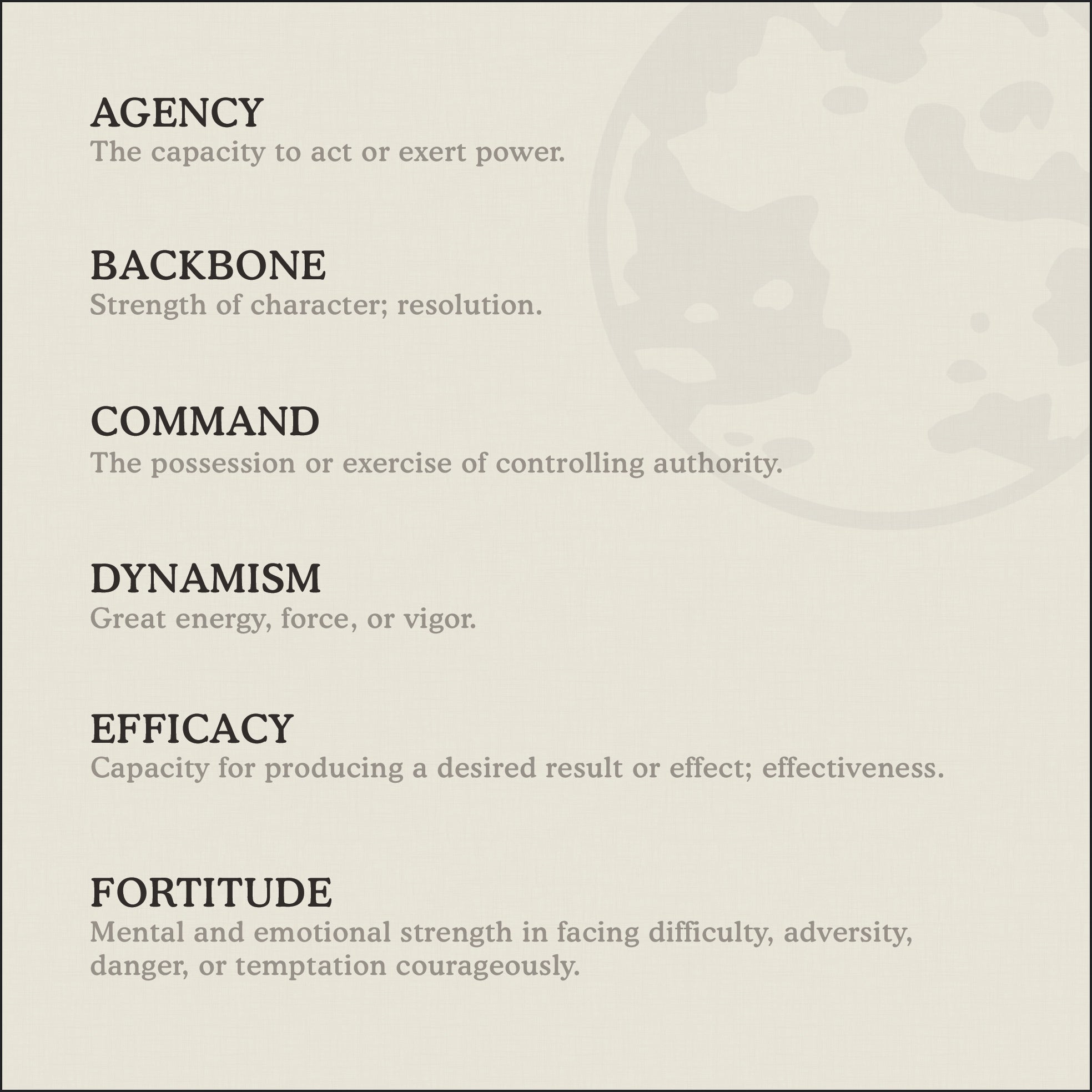 Definition Card for Inscribed Synonyms on Code of Power necklace by Caps Brothers