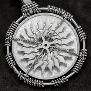 Detail view of Platinum 950 Sewn Platinum Metal Compass pendant featuring 20 pointed gear by Caps Brothers
