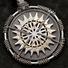 Load image into Gallery viewer, Detail view of Sterling Silver and 18K Yellow Gold Accents Sewn Silver Metal Sun pendant featuring 20 pointed gear by Caps Brothers