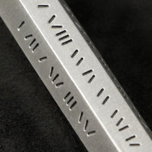 Load image into Gallery viewer, Detail view of Code of Power hexagonal sterling silver pendant and chain with endless loop necklace featuring Abbreviated Roman Letter Numerals Code by Caps Brothers