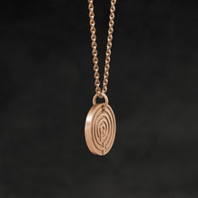 Load image into Gallery viewer, Side view of 18K Rose Gold Journey pendant and chain necklace featuring labyrinth as inward journey by Caps Brothers