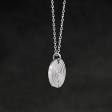 Load image into Gallery viewer, Side view of Platinum 950 Journey pendant and chain with endless loop necklace featuring labyrinth as inward journey by Caps Brothers