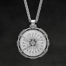 Load image into Gallery viewer, Hanging front view of Platinum 950 Sewn Platinum Metal Compass pendant and chain with endless loop necklace featuring 20 pointed gear by Caps Brothers