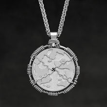 Load image into Gallery viewer, Hanging reverse view of Platinum 950 Sewn Platinum Metal Compass pendant and chain with endless loop necklace featuring Map of Humanity by Caps Brothers