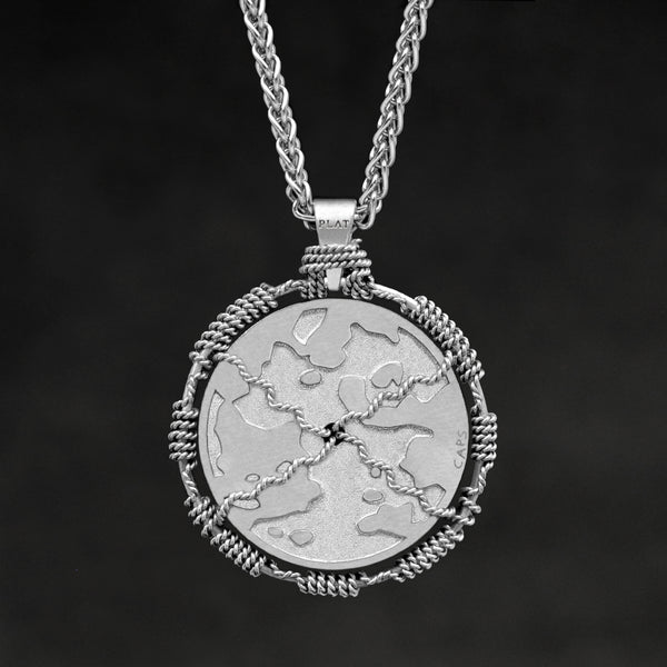 Hanging reverse view of Platinum 950 Sewn Platinum Metal Compass pendant and chain with endless loop necklace featuring Map of Humanity by Caps Brothers