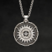 Load image into Gallery viewer, Hanging front view of Sterling Silver and 18K Palladium White Gold Accents Sewn Silver Metal Compass pendant and chain with endless loop necklace featuring 20 pointed gear by Caps Brothers