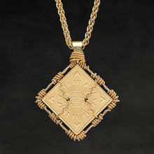 Load image into Gallery viewer, Hanging reverse view of 18K Yellow Gold and 18K Palladium White Gold Sewn Gold Metal Confidence pendant and chain with endless loop necklace featuring Electromagnetic Field and Cardinal Directions by Caps Brothers