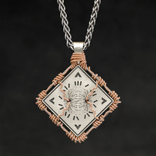 Load image into Gallery viewer, Hanging reverse view of 18K Rose Gold and 18K Palladium White Gold and Sterling Silver Sewn Gold Metal Confidence pendant and chain with endless loop necklace featuring Electromagnetic Field and Cardinal Directions by Caps Brothers