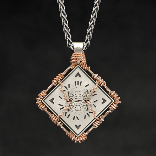 Hanging reverse view of 18K Rose Gold and 18K Palladium White Gold and Sterling Silver Sewn Gold Metal Confidence pendant and chain with endless loop necklace featuring Electromagnetic Field and Cardinal Directions by Caps Brothers