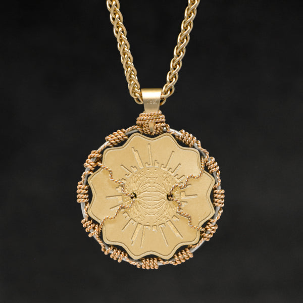 Hanging reverse view of 18K Yellow Gold and 18K Palladium White Gold Sewn Gold Metal Majesty pendant and chain with endless loop necklace featuring Electromagnetic Field by Caps Brothers