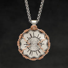 Load image into Gallery viewer, Hanging reverse view of 18K Rose Gold and 18K Palladium White Gold and Sterling Silver Sewn Gold Metal Majesty pendant and chain with endless loop necklace featuring Electromagnetic Field by Caps Brothers